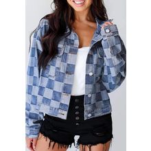 Light Blue Checkered Patchwork Button up Denim Jacket