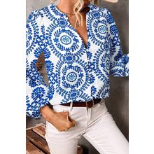 Sky Blue Vintage Geometric Printed Puff Sleeve Slit V Neck Shirt