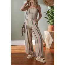 Multicolour Vertical Striped Smocked Cami Top Wide Leg Pants Set