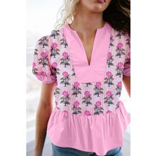 Rose Floral Striped Print Contrast Patchwork Ruffle Hem Blouse