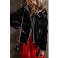 Black Fake Two-Piece Hooded Zip-Up Denim Jacket