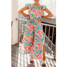 Floral Ruffled Sleeve Top Smocked Wide Leg Pants Set