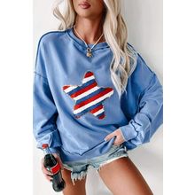 Sky Blue Sequin Trim Embroidered Star USA Pattern Sweatshirt