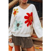 White Big Flower Pattern V Neck Drop Shoulder Sweater