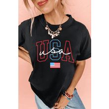 Black USA Letter American Flag Print Casual T Shirt