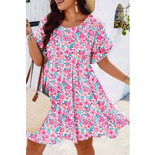 White Plus Size Floral Print Frilled Short Sleeve Flare Dress