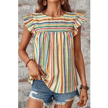 Multicolour Vibrant Stripes Printed Flutter Sleeve Babydoll Blouse