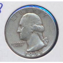 1948-D Washington 90% Silver Quarter, Circulated and Ungraded