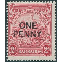 Barbados 1947 1d on 2d carmine Perf 14 SG264 unused