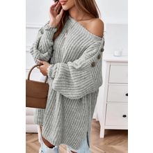 Gray Buttoned Drop Shoulder Oversized Sweater