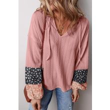 Dusty Pink Floral Patchwork Textured Knit Drawstring V Neck Blouse