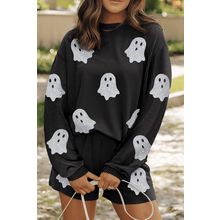 Carbon Grey Halloween Ghost Graphic Corded Pullover and Shorts Two Piece Set