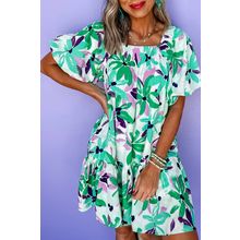 Green Floral Print Shirred Square Neck Loose Fit Mini Dress