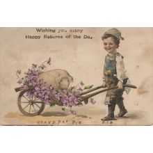 Child Farmer With Grandpa's Pig Antique German Postcard