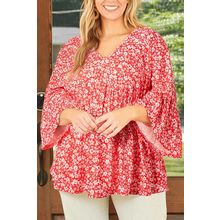 Red Plus Size Floral V Neck Flared Bracelet Sleeve Blouse