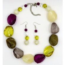 Nugget Bead Necklace Purple, Grey & Yellow Necklace with Drop Earrings Set Gift