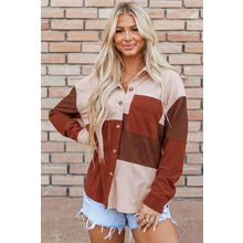 Cinnamon Colorblock Curved Hem Corduroy Shacket with Pocket