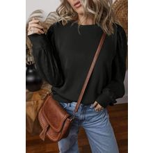 Black Textured Patchwork Round Neck Sweatshirt