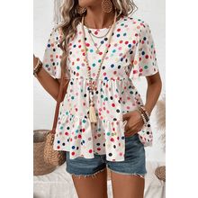 White Colorful Polka Dot Short Sleeve Tiered Ruffled Babydoll Blouse