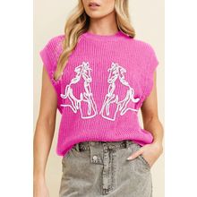 Bright Pink Western Horse Embroidered Round Neck Sweater Tee