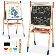 All-in-One Wooden Height Adjustable Kid's Art Easel with Magnetic Stickers an...