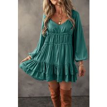 Mist Green Tiered Ruffled Puff Sleeve Loose Fit Mini Dress