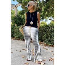 White Drawstring Striped Wide Leg Pants