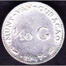 1947 Curacao (Netherlands Antilles) 1 Tenth Gulden Silver Coin