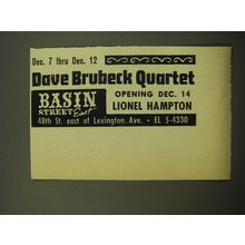 1959 Basin Street East Club Ad - Dec. 7 thru Dec. 12 Dave Brubeck Quartet
