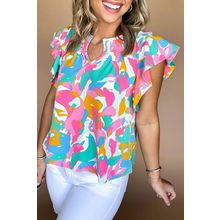 Multicolour Abstract Print Notched Neck Flutter Sleeve Blouse