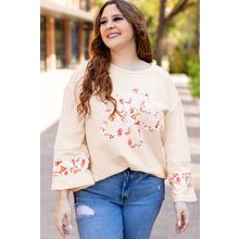 Beige Plus Size Flower Patched Side Slits Crewneck Top