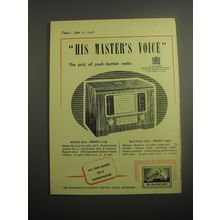 1948 H.M.V. Model 1119 and 1407 Radios Ad - His master's voice