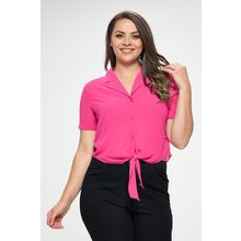Plus Solid Chiffon Button Down Tie Front Short Sleeve Top
