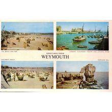 Postcard Weymouth multiview. Lifeboat, Alexandra Theatre, Children’s beach