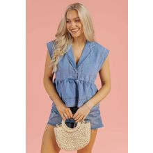 Dusk Blue Lapel Denim Babydoll Top