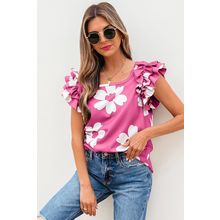 Pink Floral Textured Ruffled Short Sleeve Square Neck Blouse