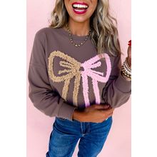 Dark Khaki Contrast Terry Bow Pattern Drop Shoulder Sweatshirt