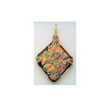 Orange Green Dichroic Glass Brass Wire Wrap Pendant 2