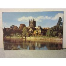 HEREFORD CATHEDRAL used vintage postcard 1966 postmark pink 8d stamp =