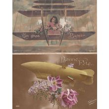 Two French France Old Antique Aircraft Plane Bonne Fete 2x Postcard s