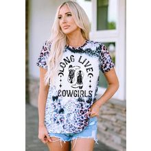 Pink Cowgirls Boots Leopard Bleached Crew Neck T Shirt