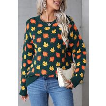 Blackish Green Fall Leaves Pattern Crew Neck Sweater