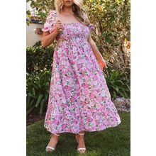 Pink Plus Size Floral Print Smocked Puff Sleeve Dress