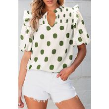 Apricot Polka Dot Print Shirred Yoke Notched Neck Balloon Sleeve Blouse
