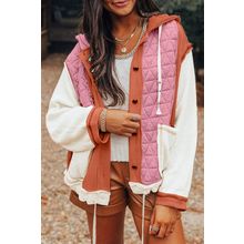 Coral Quilted Textured Patchwork Loose Fit Hooded Jacket