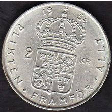 1954 Sweden 2 Kronor Silver Coin