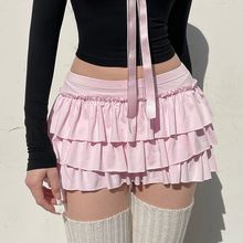 Sweet Low-waisted Skirt Mini Pink Back Bow Tiered Ruffle Aline Kawaii Lolita Y2k