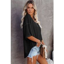 Black White Waffle Knit Drop Shoulder Loose Top