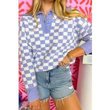 Purple Checkered Collared Buttons Plus Size Sweater