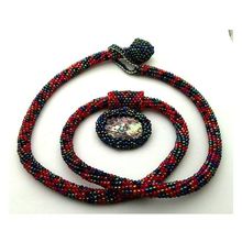 Red Black Bead Crochet Rope Choker Paua Shell Pendant 9